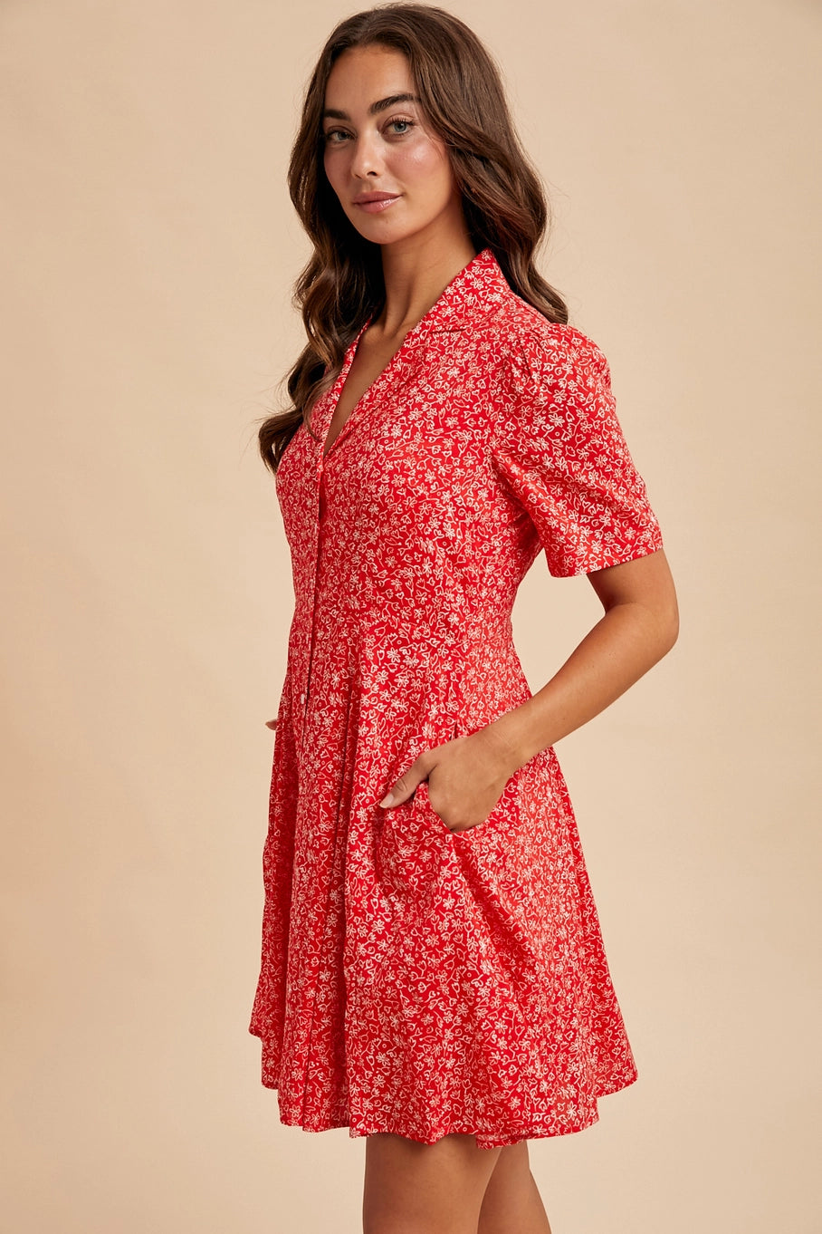 red ditsy print dress Squasht Petal Sleeve Dress in Scarlet Red Ditsy Floral Print XS