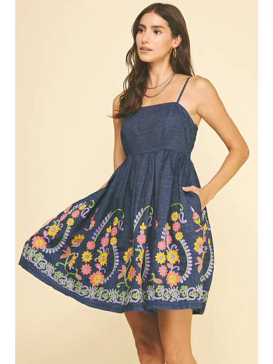 Indigo Flared Denim Mini Dress with Floral Embrodiery L