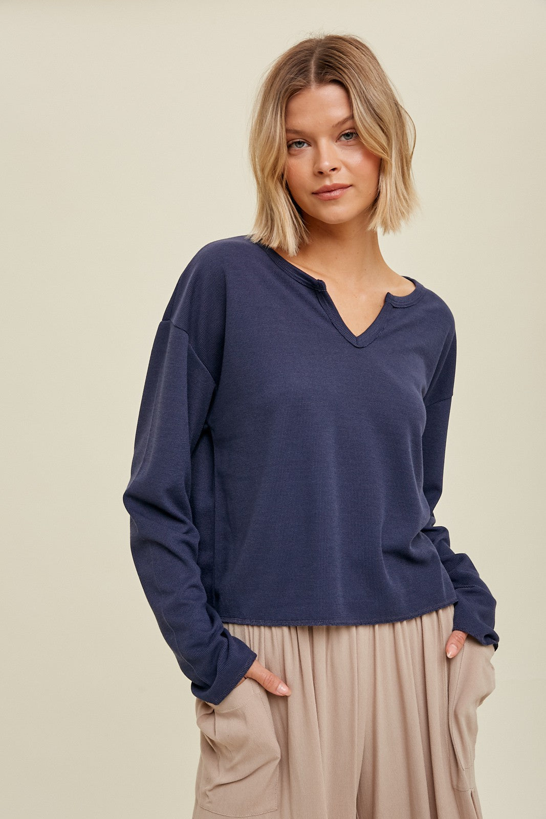 Kacey Waffle Knit Top - Navy - KC Outfitter