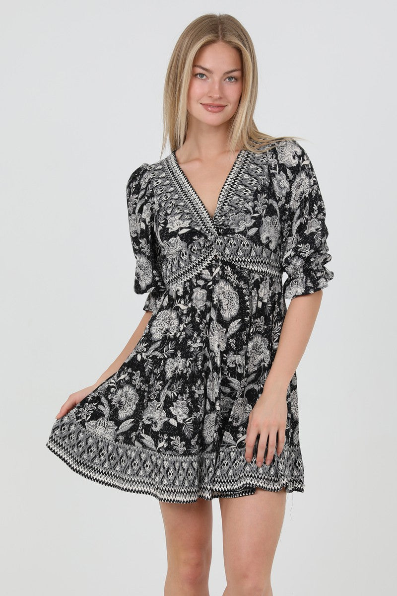 Long Sleeve Black Print Dress - KC Outfitter