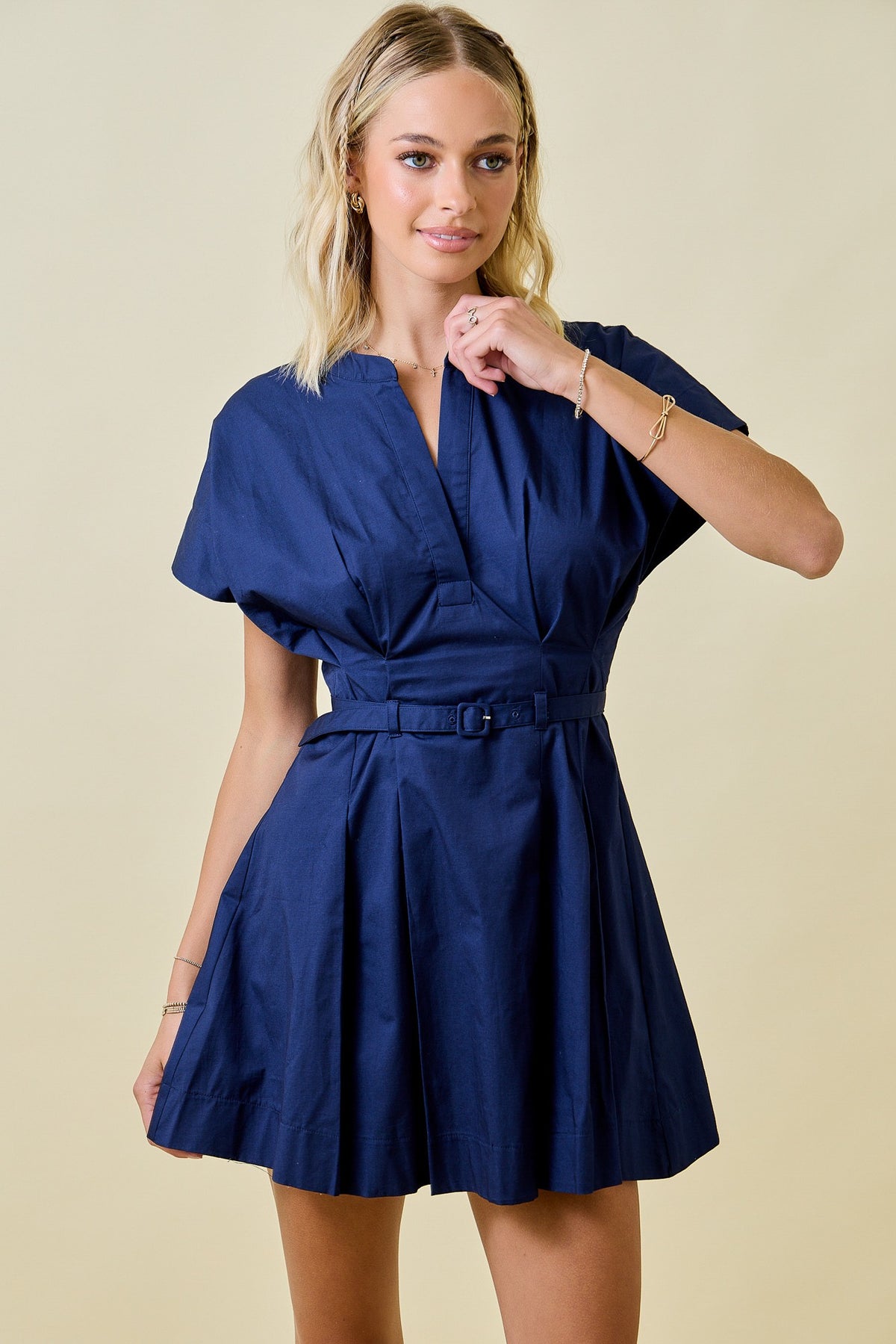 Poplin Belted Navy Dress