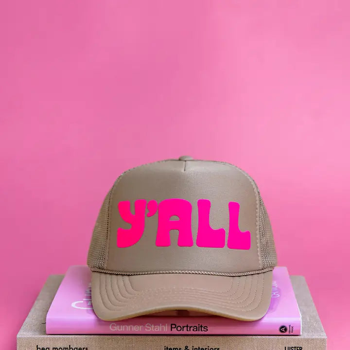 Y'all Tan + Pink Trucker Hat