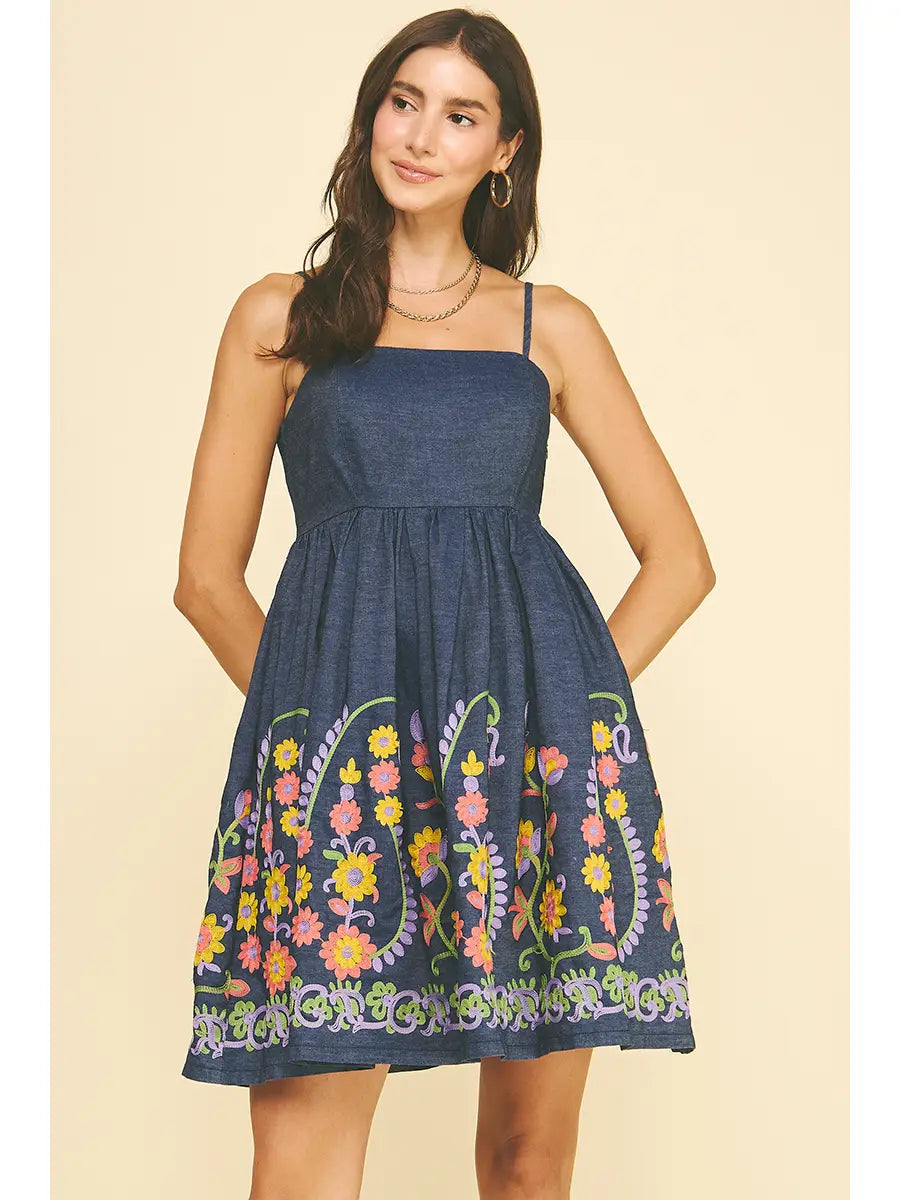 Flared Denim Embroidery Dress - KC Outfitter