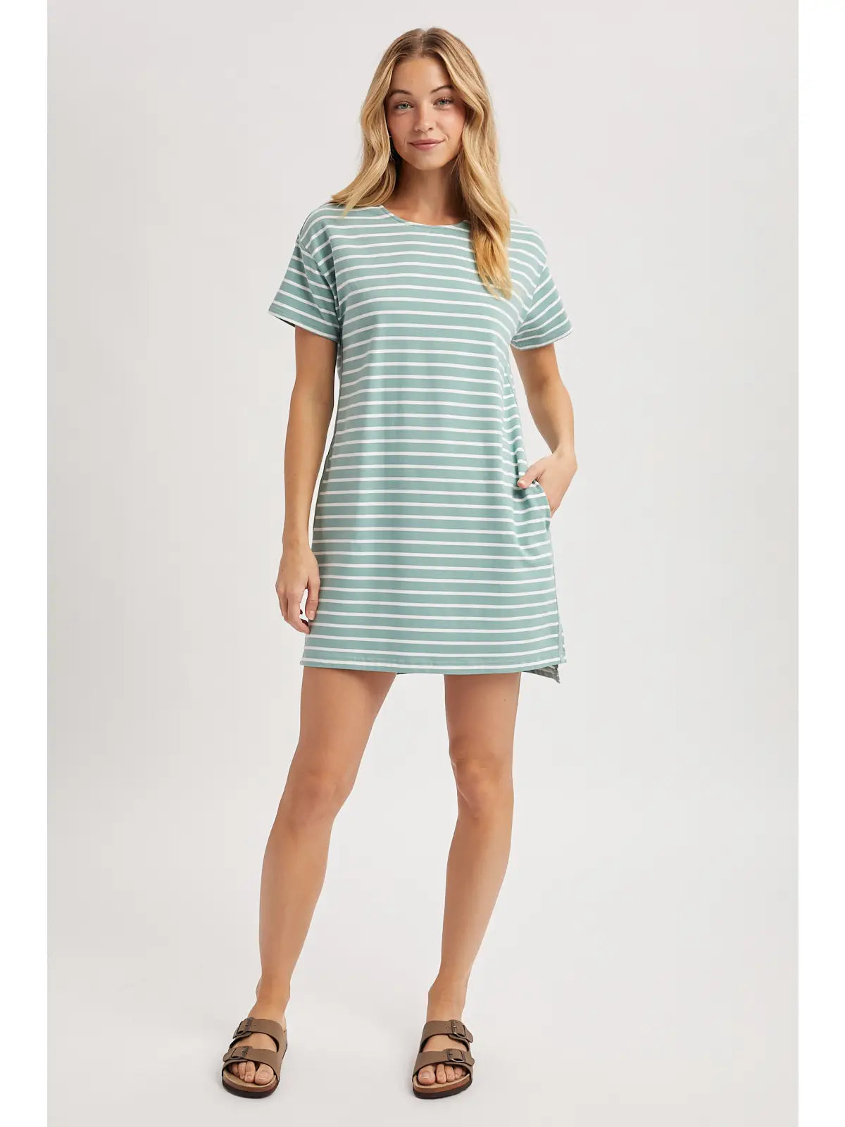 Side Trim Striped Dress-grn