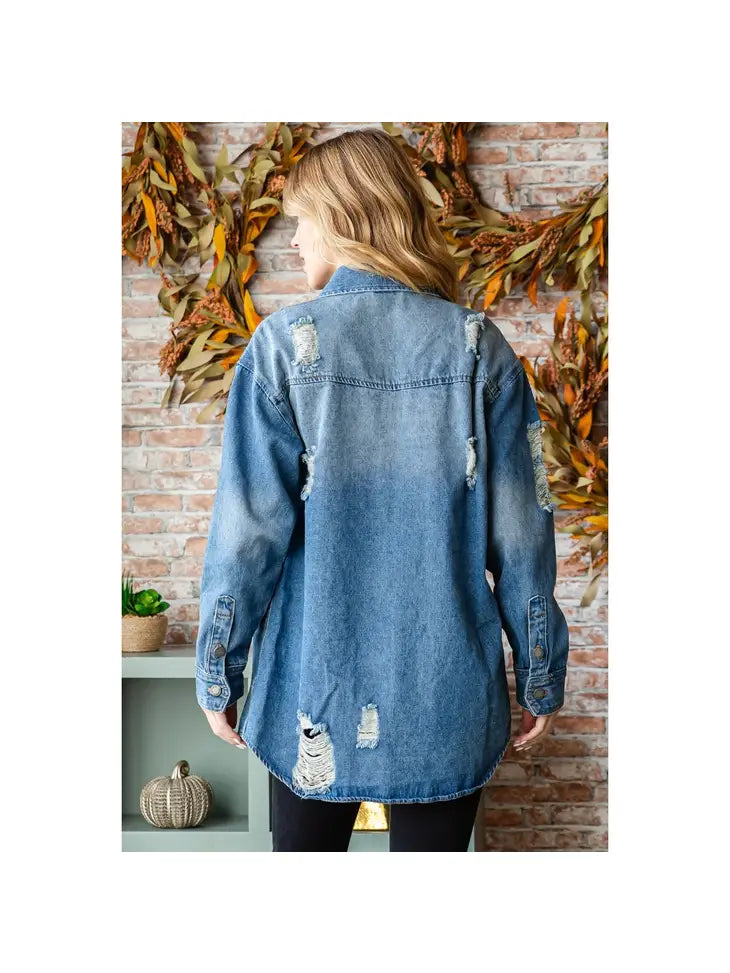 Kacey Distressed Demin Shacket - KC Outfitter