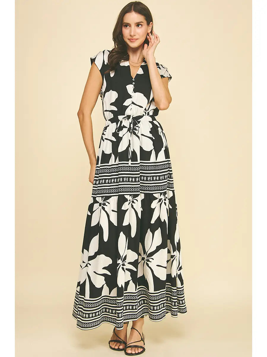 Contrast Floral Tiered Maxi Dress