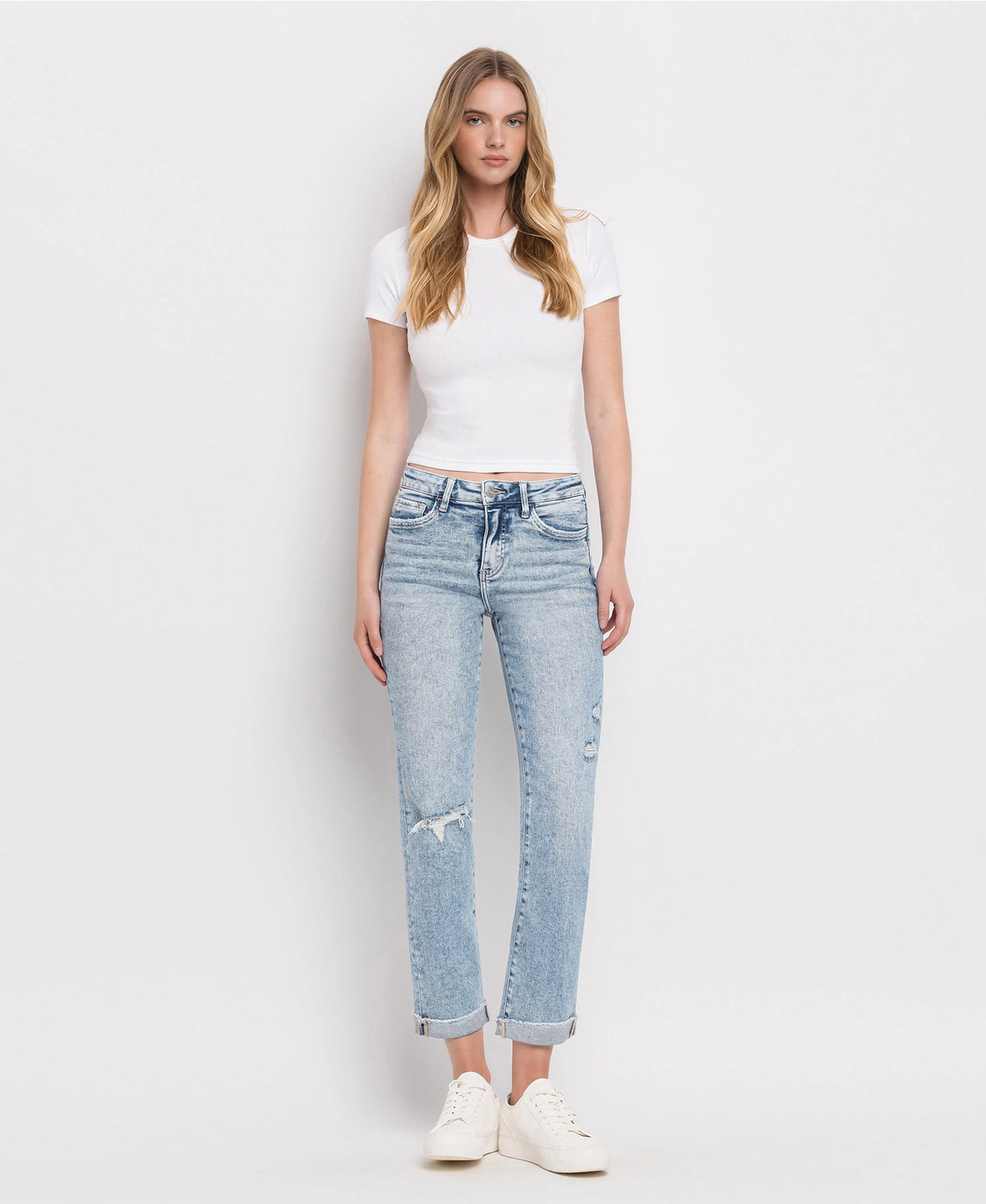 High Rise Cuff Slim Straight Jean