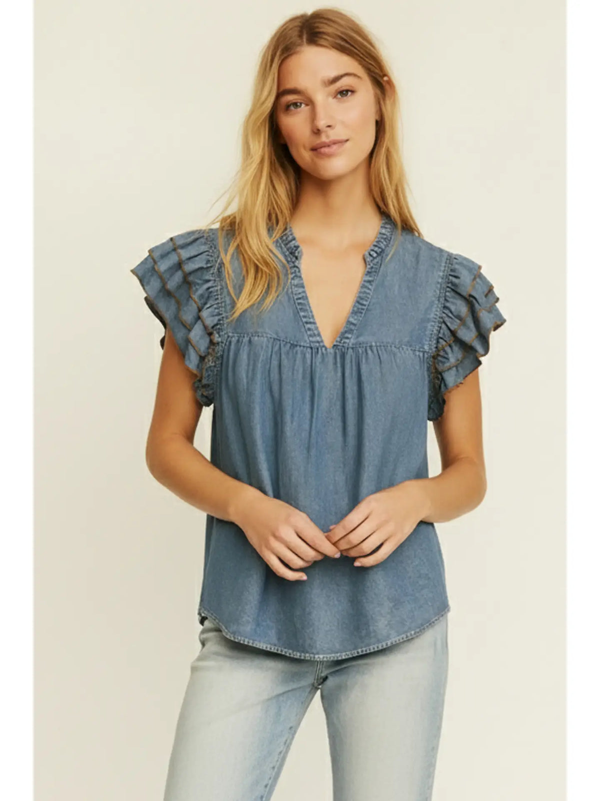 Ruffle Sleeve Denim Top - KC Outfitter