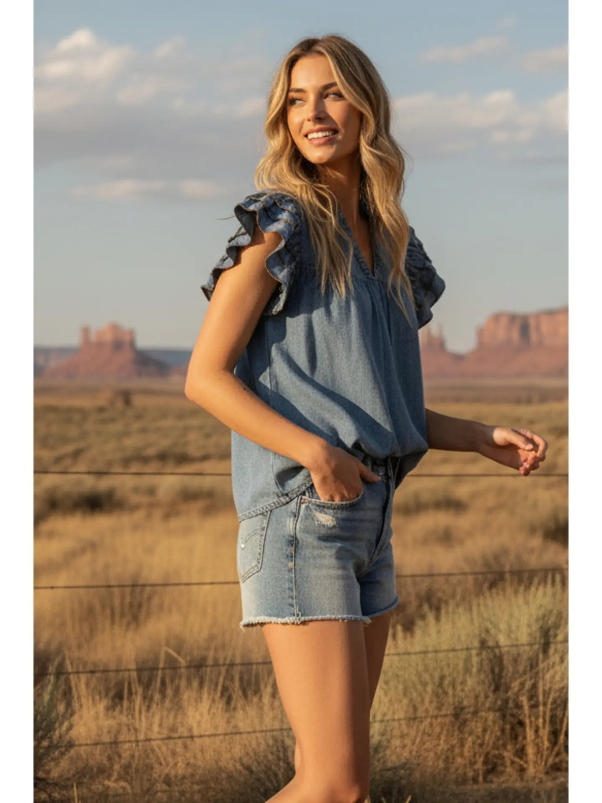 Ruffle Sleeve Denim Top - KC Outfitter