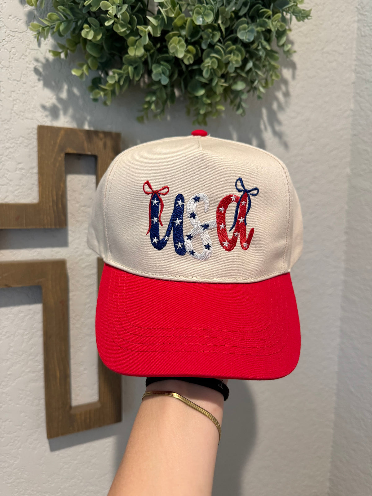 Embroidered Hat - USA with Bows