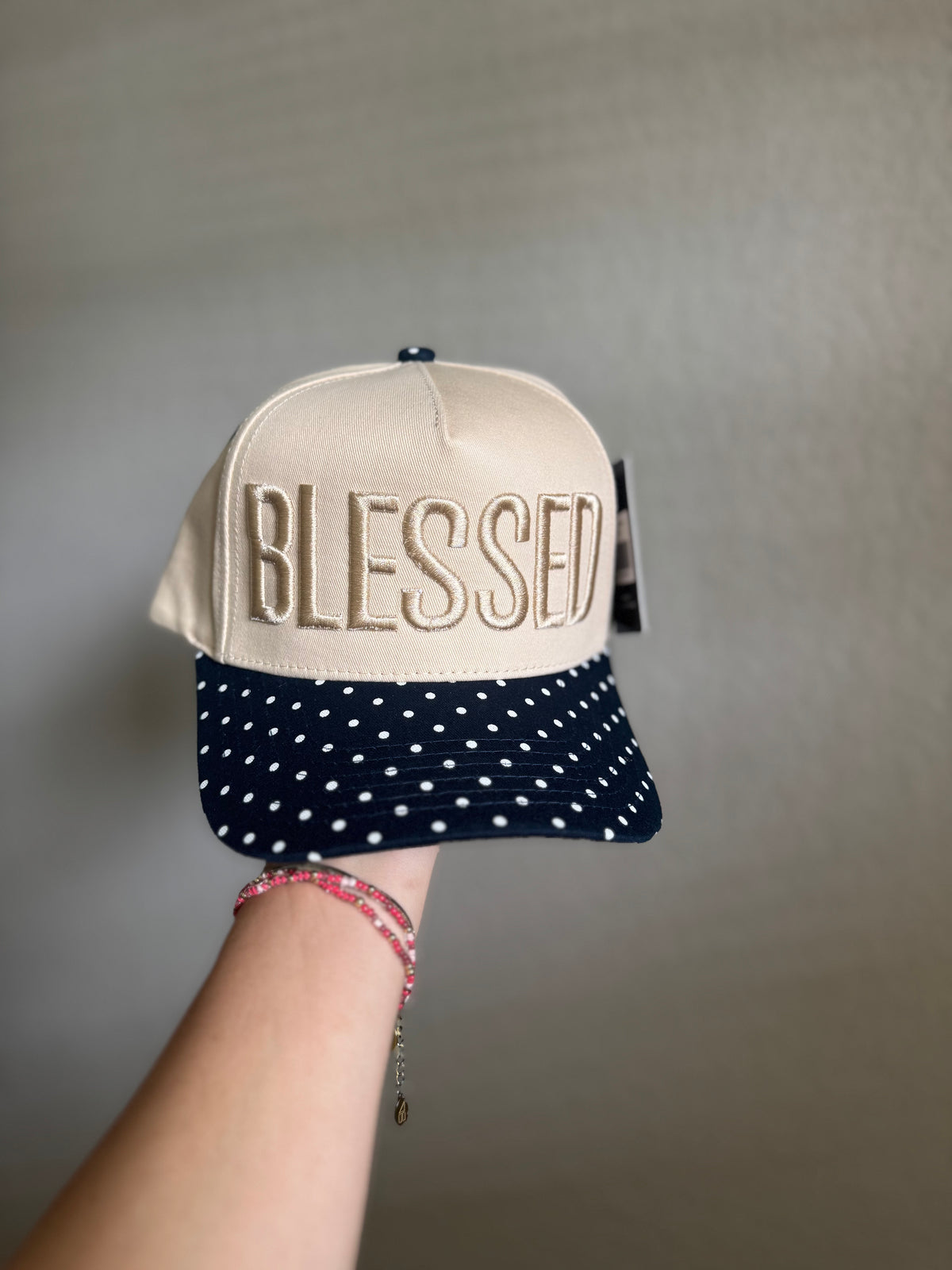 Embroidered Hat - Blessed, Polka Dot Brim