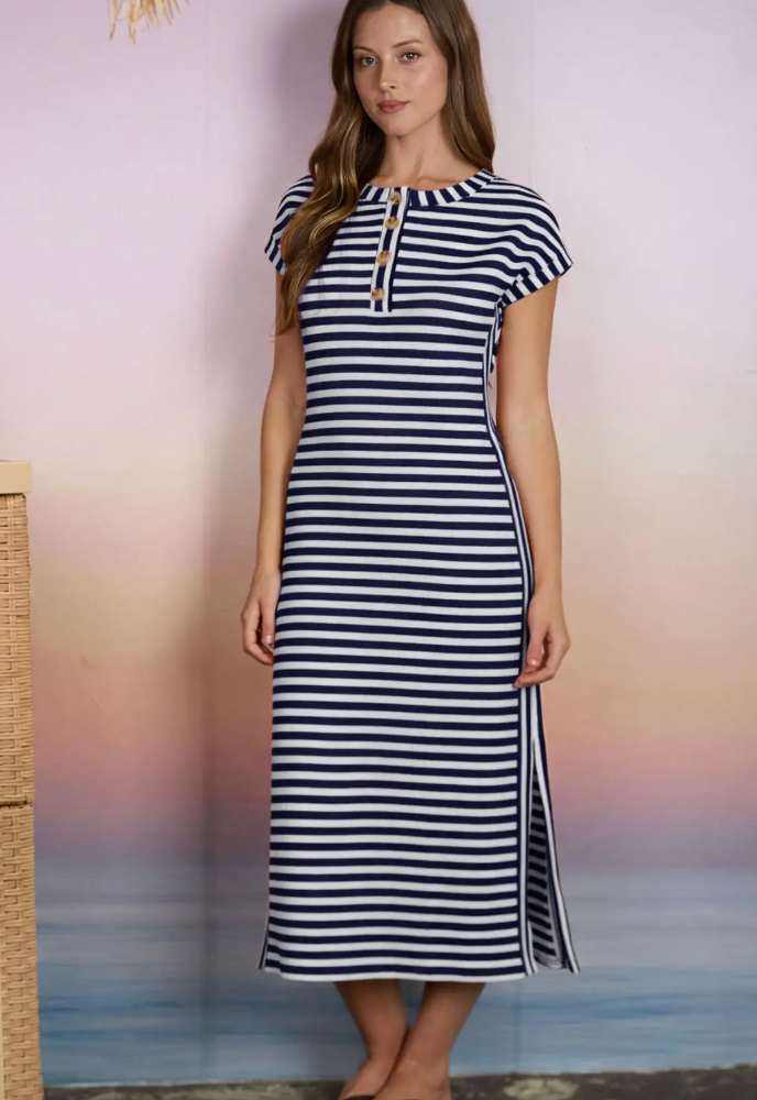 Striped Henley Short Sleeve Dress