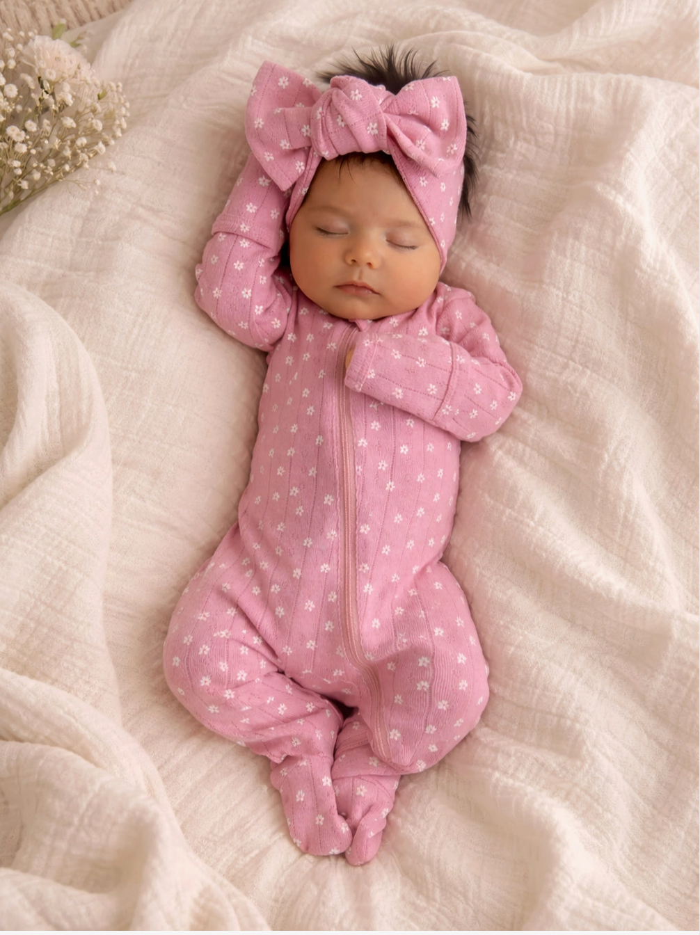 Pink Flower Pointelle Footie