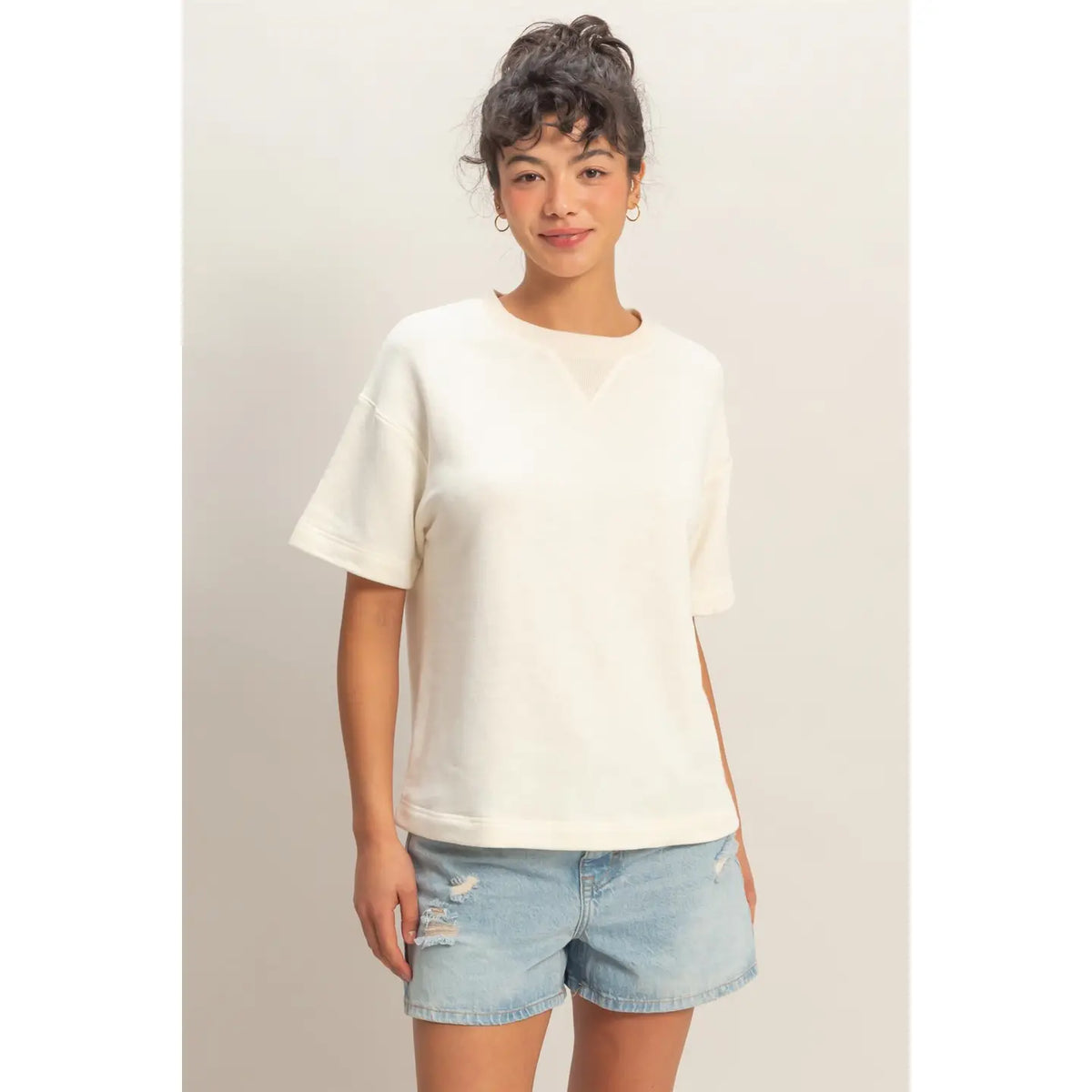 Crew Neck Short Sleeve Top -cream - KC Outfitter