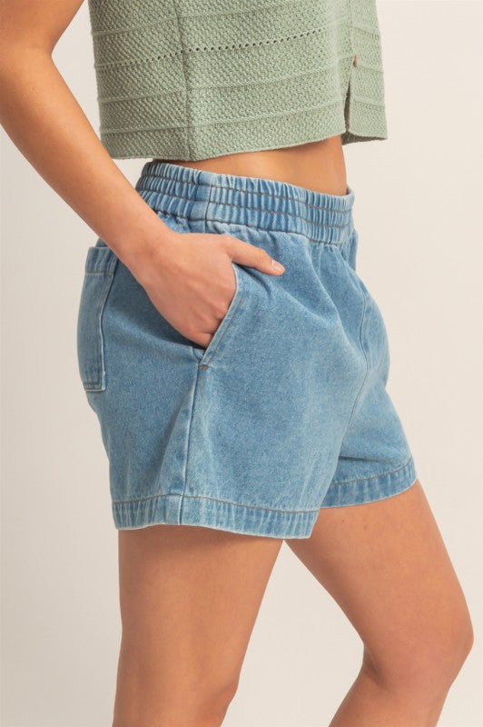 Hagan Elastic Waist Denim Shorts - KC Outfitter
