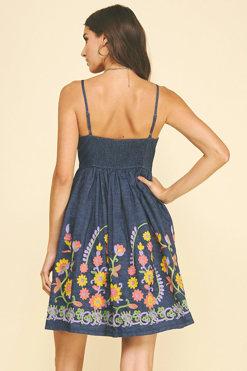 Flared Denim Embroidery Dress - KC Outfitter