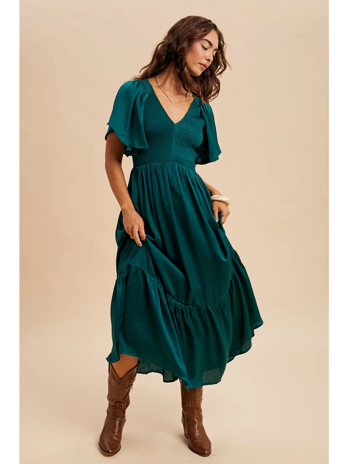 Smocked Satin MIdi Dress