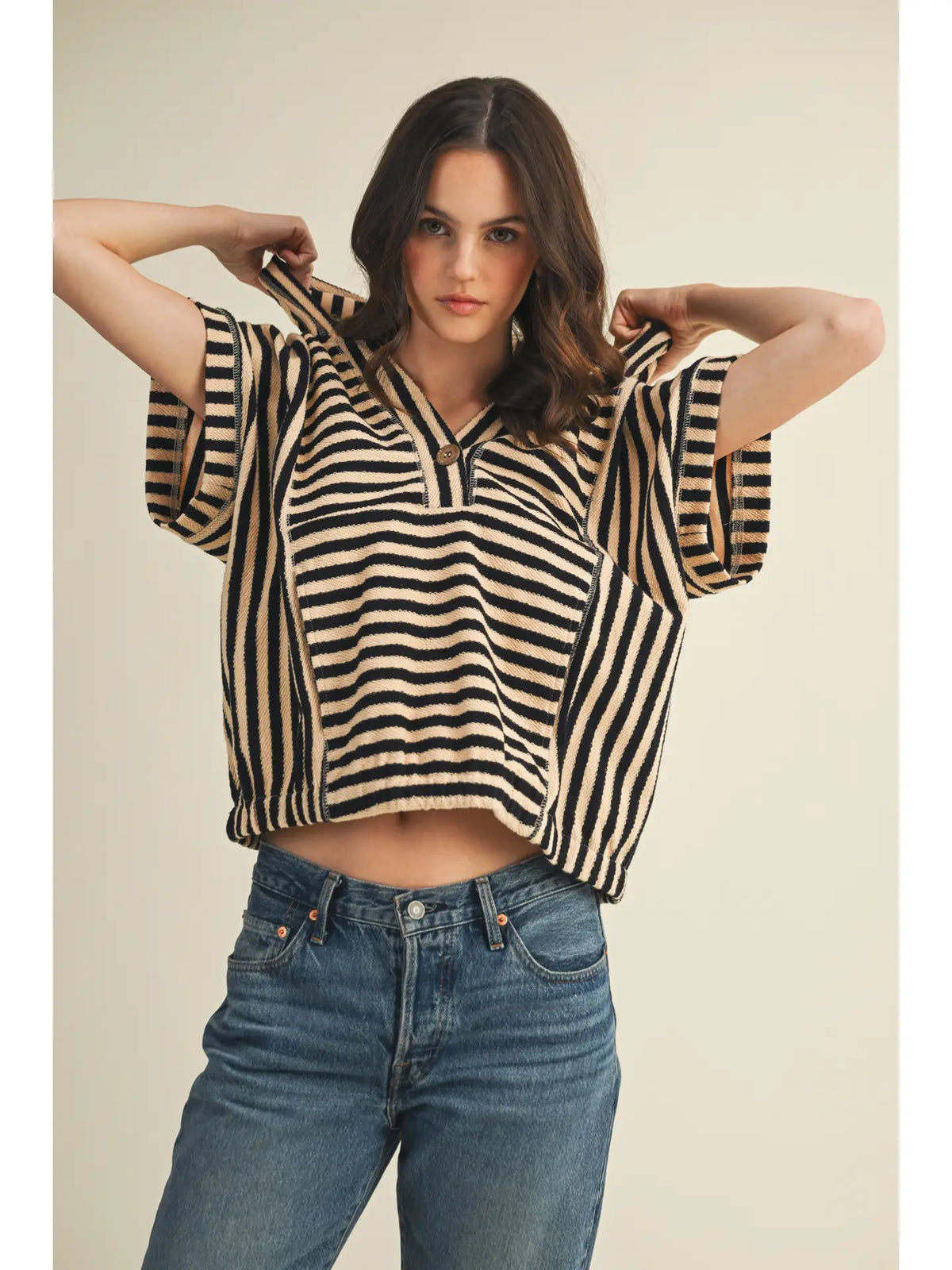 V-Neck Striped Hoodie Top