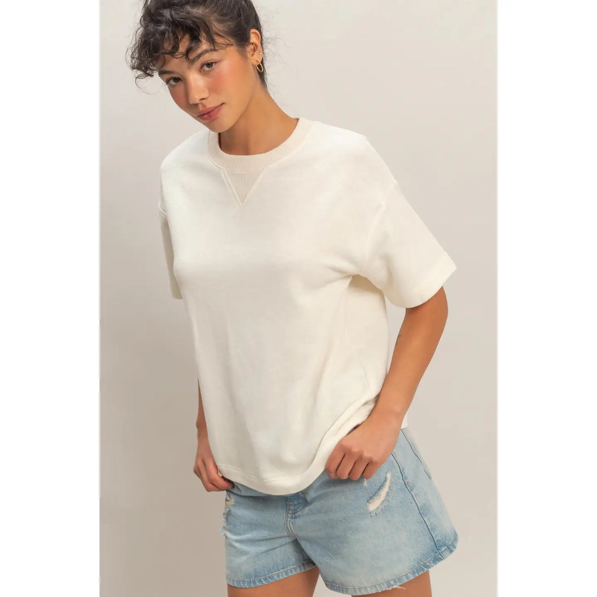 Crew Neck Short Sleeve Top -cream - KC Outfitter