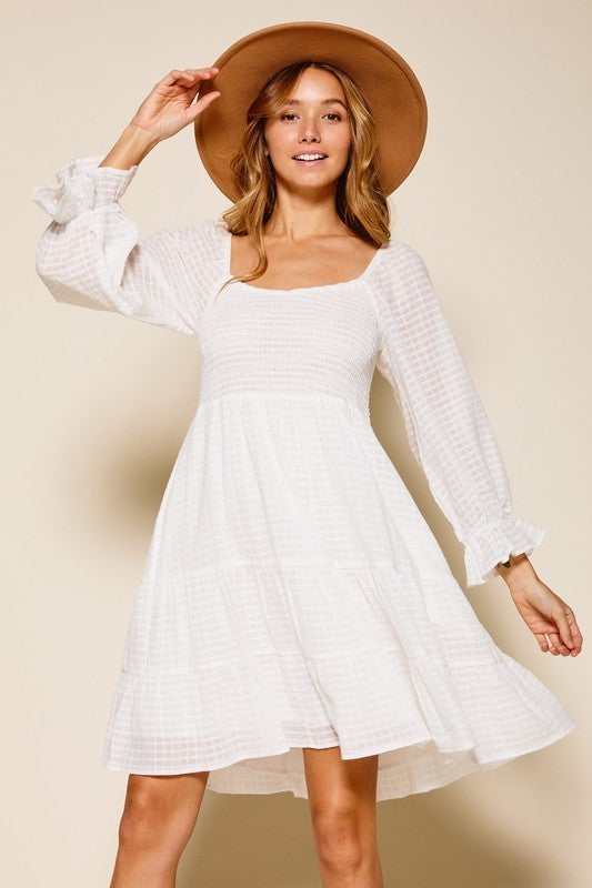 Quarter Ruffle Sleeve Smocked Dress - White - KC Outfitter