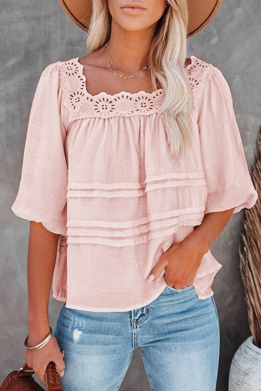 Puff Sleeve Square Neck Blouse - Pink