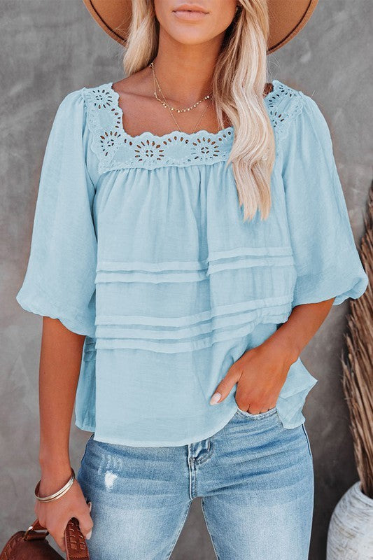 Puff Sleeve Square Neck Blouse - Blue