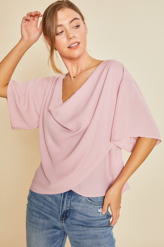 COWL NECK WOVEN TOP-PINK