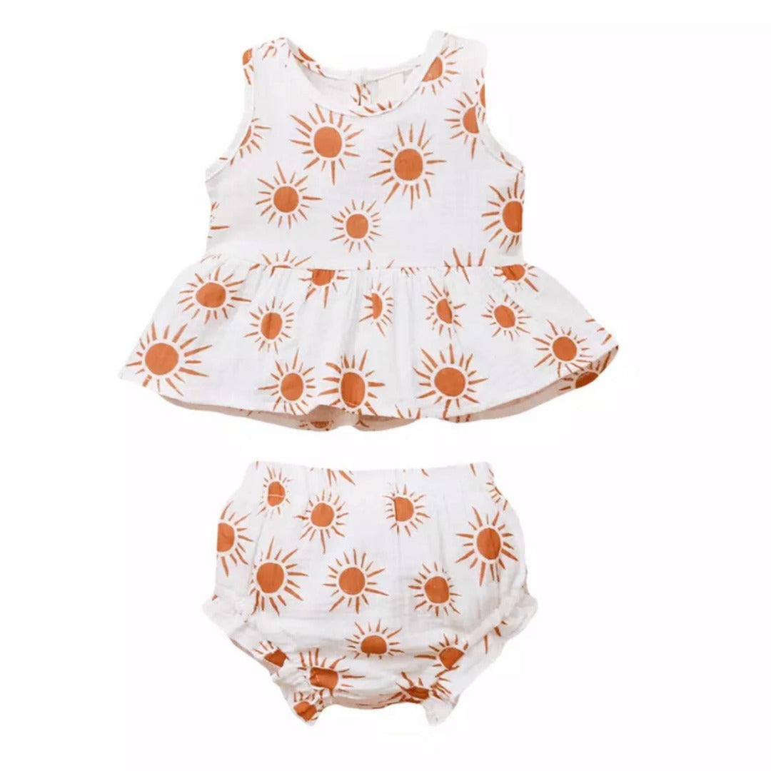 Tiny Terracotta Sun Two-Piece Flutter Top and Bloomer Set - KC Outfitter