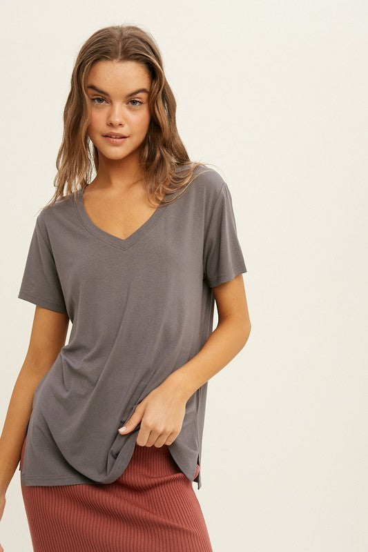V-NECK BASIC KNIT TOP-CHARCOAL - KC Outfitter