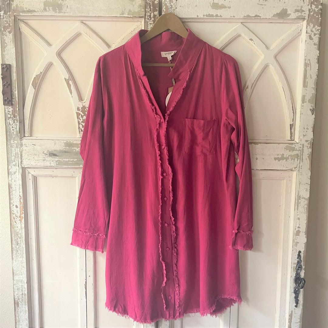 Frayed Button Front Dress - Hot Pink - KC Outfitter