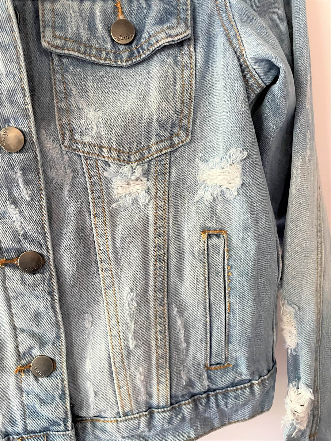 Distressed Open Cuff Denim Jacket - Blue - KC Outfitter