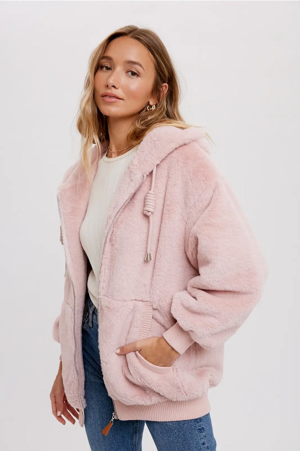 Faux Fur Hooded Jacket - Blush - KC Outfitter