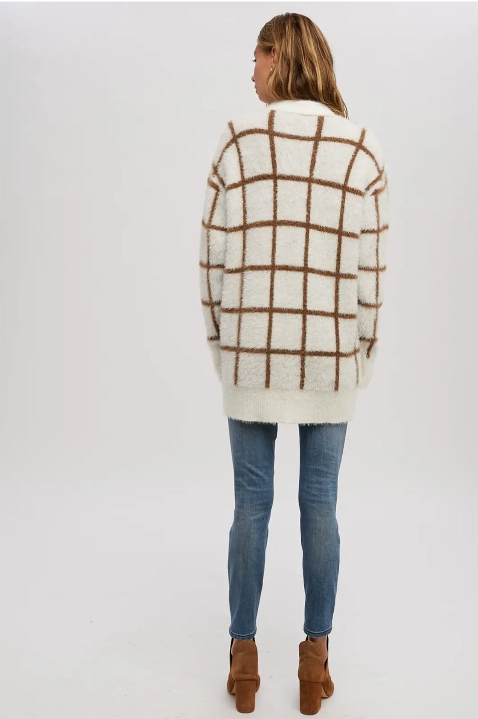 Fuzzy Longline Windowpane Cardigan