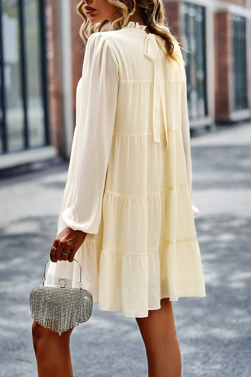 SEMI-SHEER TIERED SHIFT DRESS-CREAM