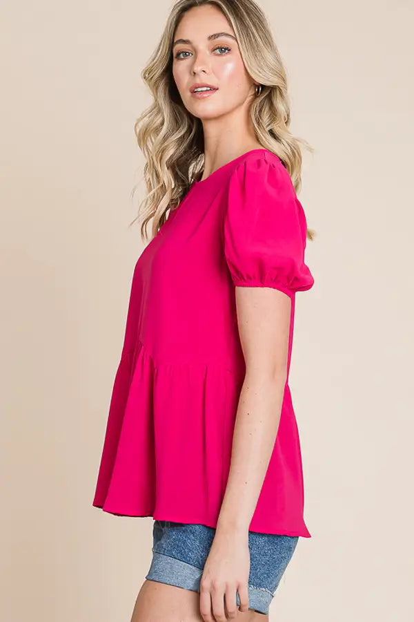 Solid Bubble Sleeve Babydoll Top - KC Outfitter